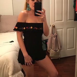 Black off shoulder romper floral embroidery